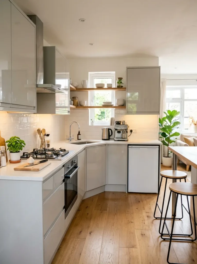 Compact kitchen featuring pale gray glossy cabinets and warm under-cabinet lighting