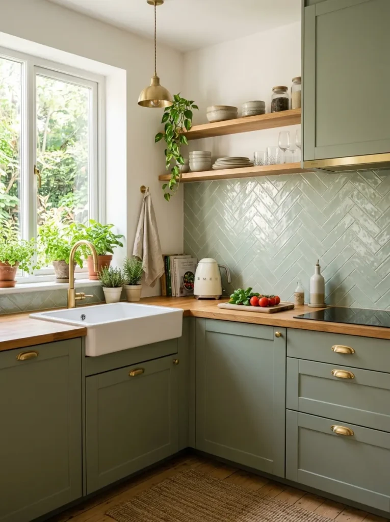 Compact kitchen with pale sage glossy tiles, matte cabinets, and brass accents near a bright window.