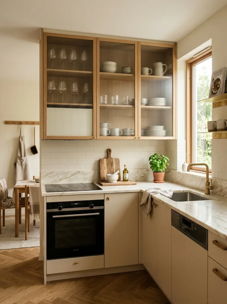 Compact kitchen featuring ribbed glass cabinets and elegant neutral decor
