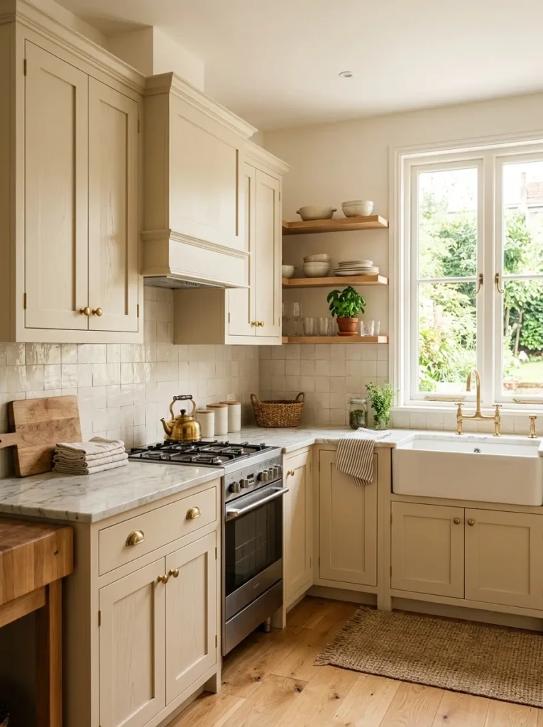 Compact kitchen with beige shaker cabinets, brass hardware, and airy modern styling