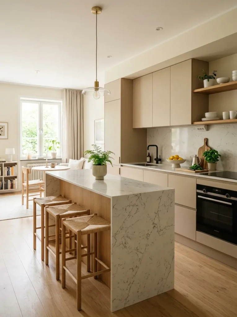 Small minimalist kitchen featuring a marble-look island, warm beige tones, and sleek flat-panel cabinets.