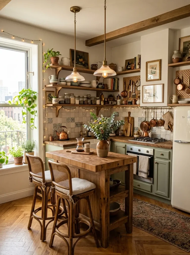 Charming tiny kitchen featuring layered lighting, warm wood textures, and a cozy island centerpiece.