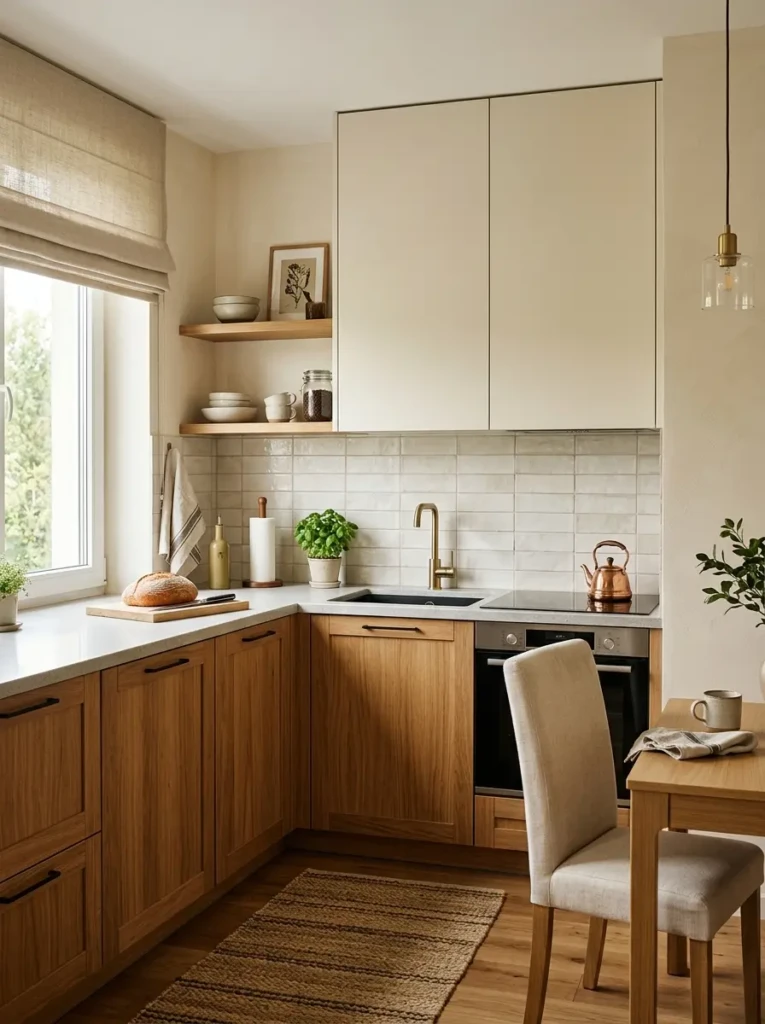 Compact kitchen with oak and cream cabinets, layered textures, and cozy decor