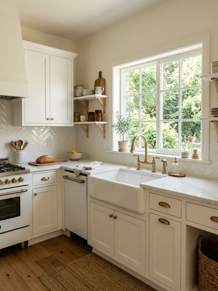 Compact kitchen featuring white cabinets, brass faucet, and glossy surfaces near a sunny window.
