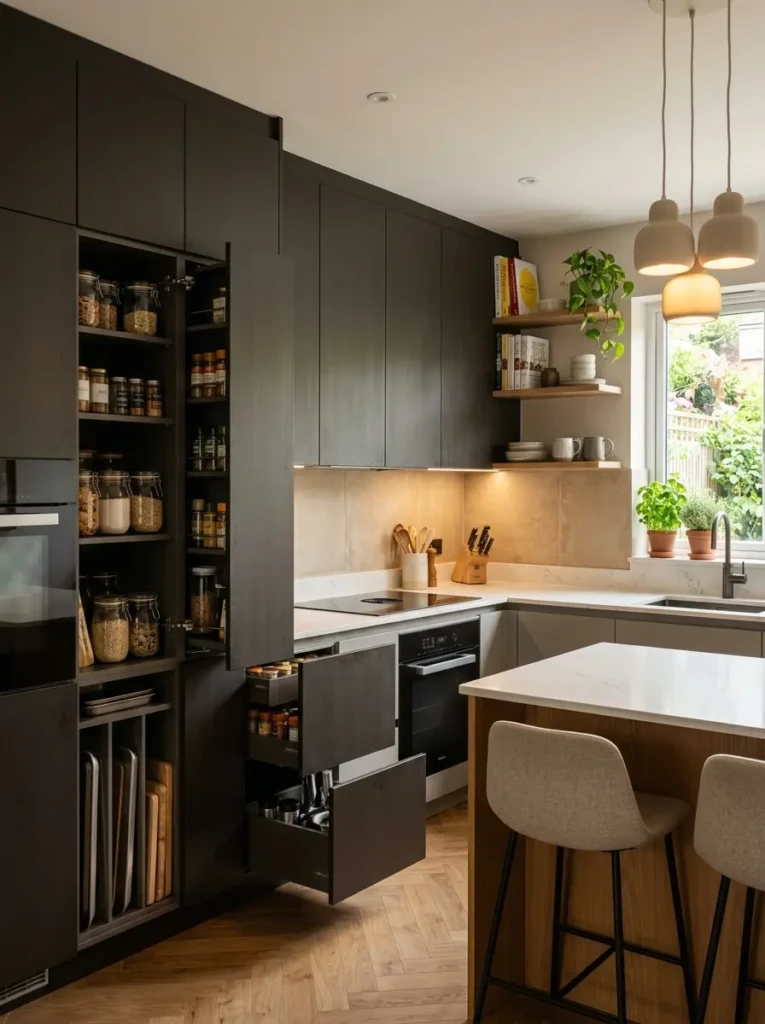 Compact kitchen with hidden pantry pull-outs, matte cabinets, and minimalist organization
