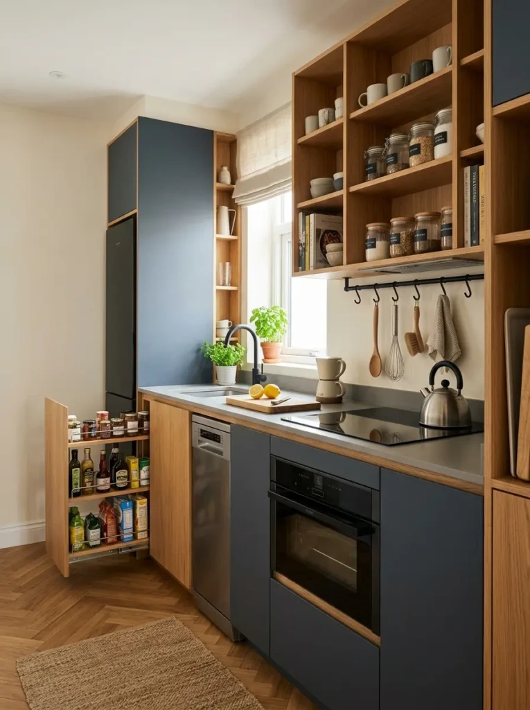 Compact kitchen with pull-out storage, vertical shelving, and narrow appliances near a sunny window.
