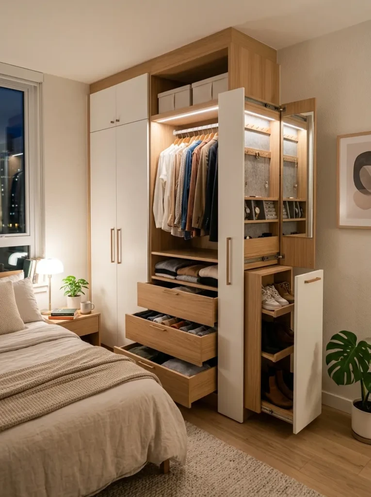 Smart compact wardrobe featuring hidden storage compartments, pull-out drawers, and organized shelves.