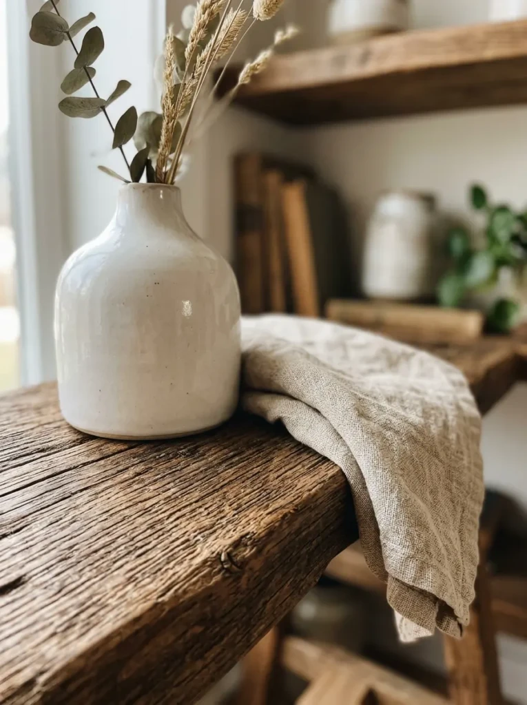 detailed view of smooth ceramic rough wood and soft fabric textures on shelf