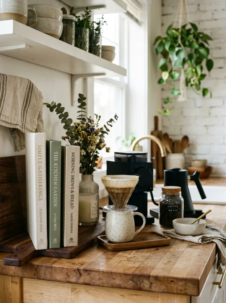 Linen-cover cookbooks styled beside modern coffee station decor