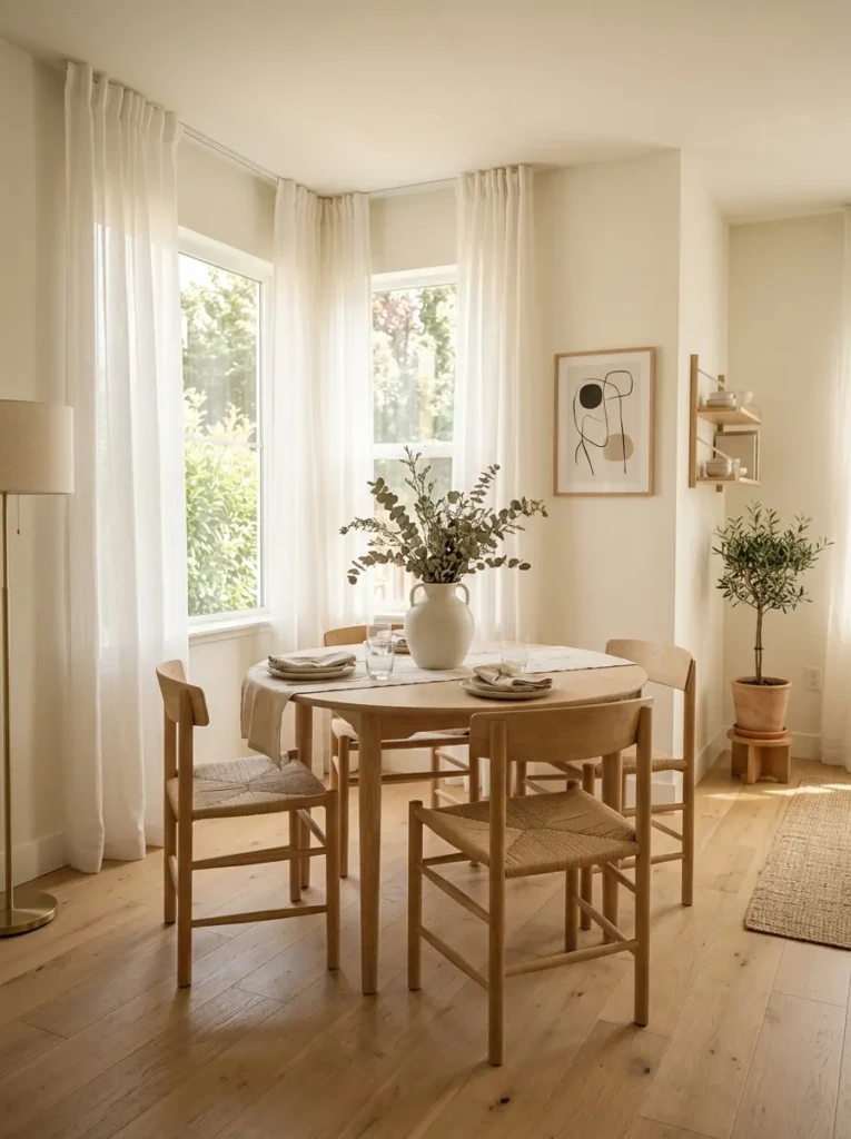 Minimal Scandinavian-style corner dining room with pale wood furniture, soft neutral tones, and natural sunlight.