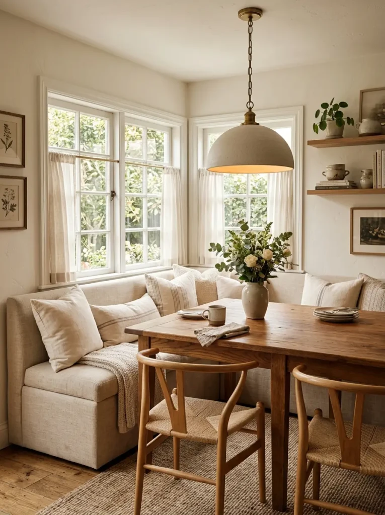 Cozy corner dining room with built-in banquette seating, warm wood table, soft cushions, and elegant lighting.