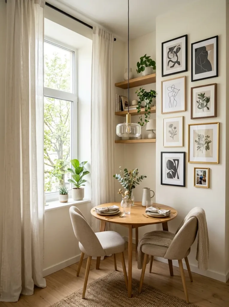 Small corner dining room with floating shelves, tall curtains, and stylish vertical décor ideas.