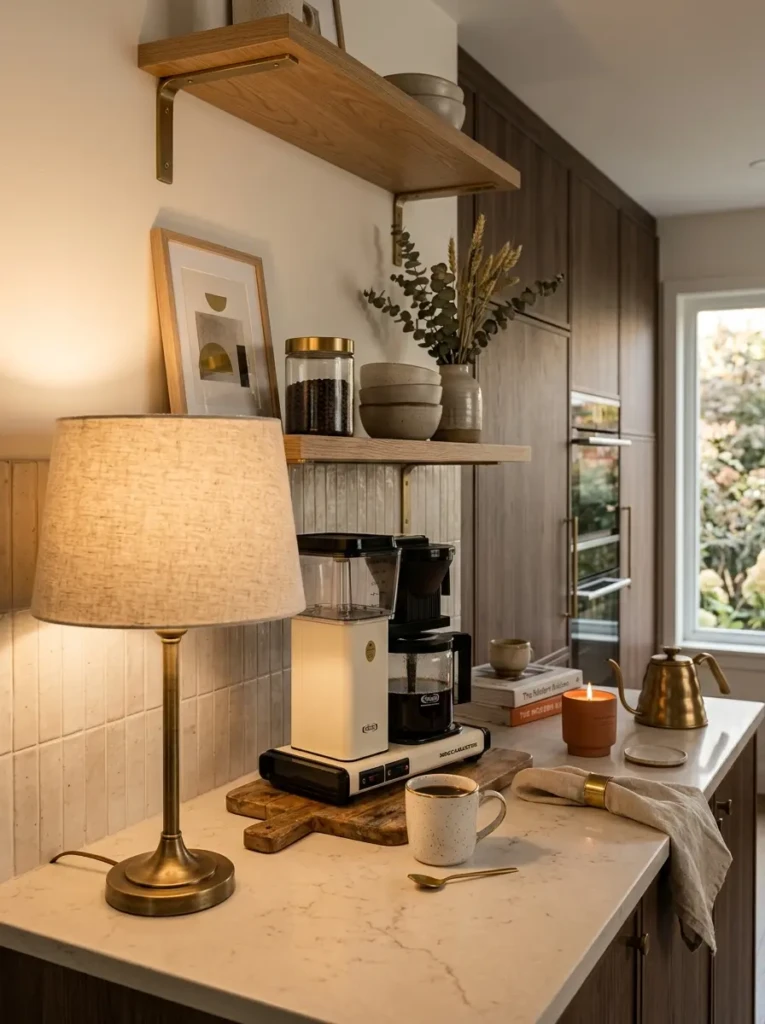 Brass countertop lamp beside coffee station in cozy elegant kitchen interior
