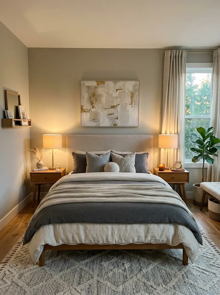 Symmetrical couple bedroom with matching nightstands and warm modern decor