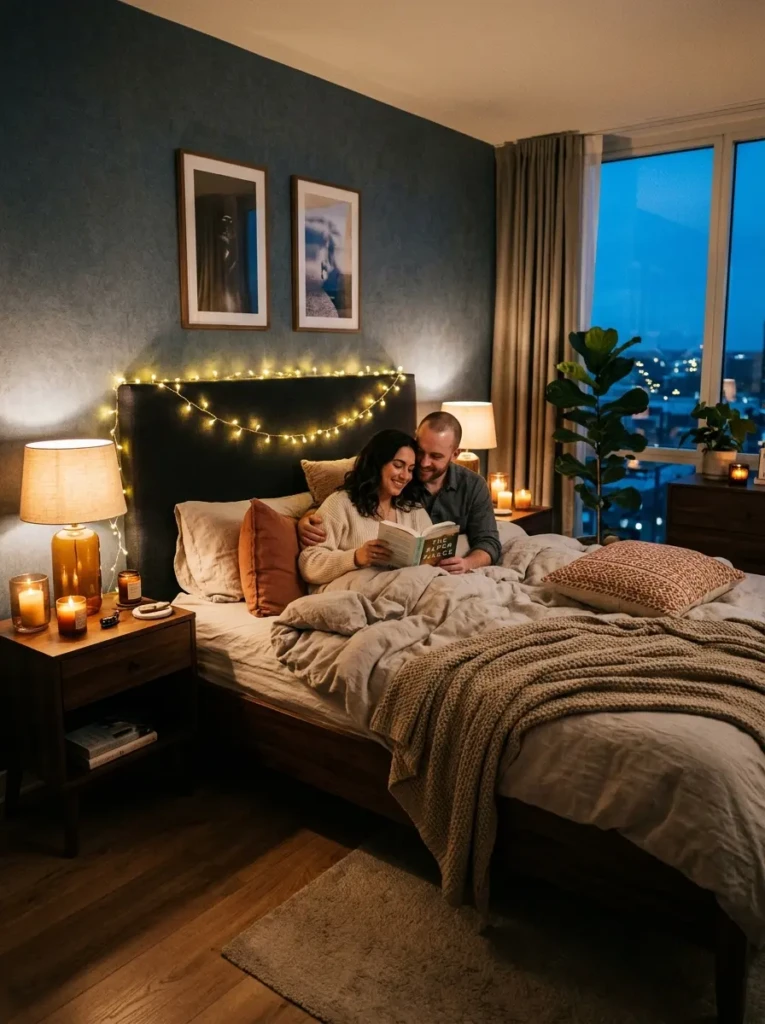 Couple bedroom with fairy lights, warm bedside lamps, and cozy ambient lighting