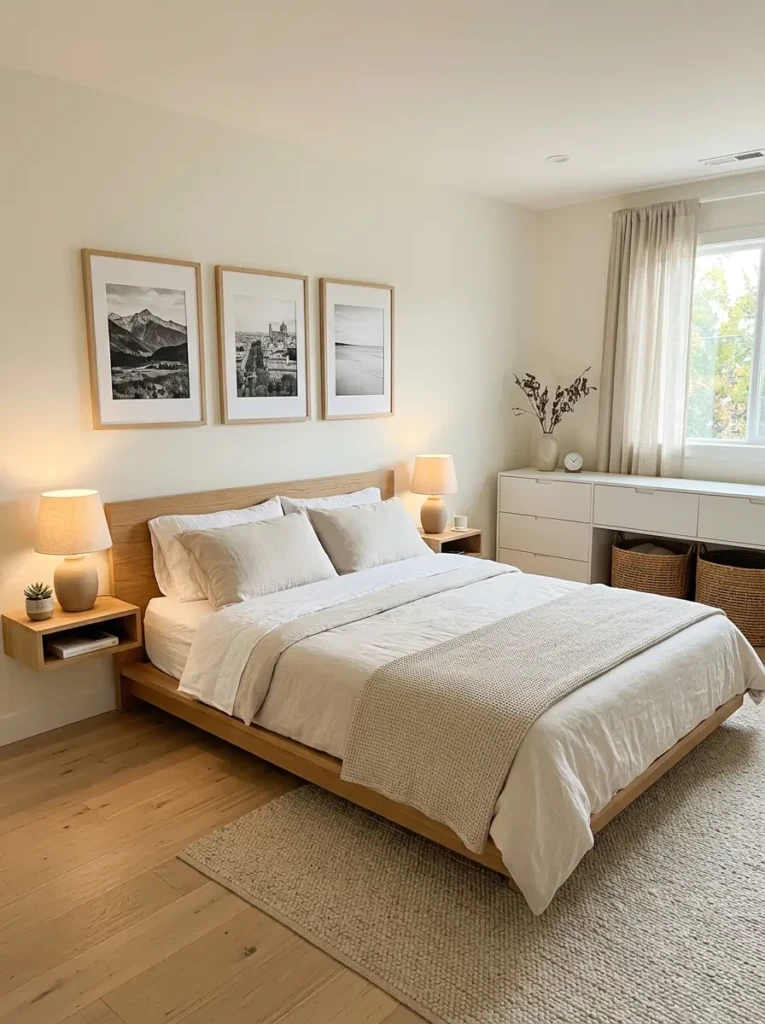 Minimalist bedroom with neutral decor, framed photos, and clean cozy layout