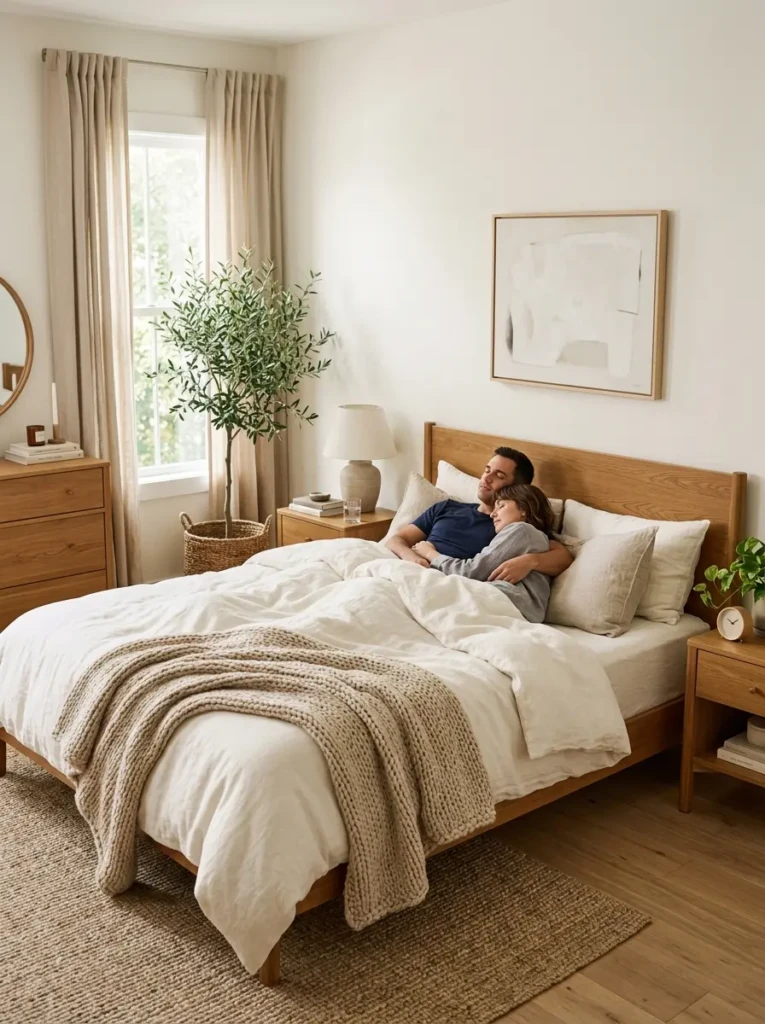 Cozy neutral couple bedroom with beige bedding, knit blanket, and warm wood furniture