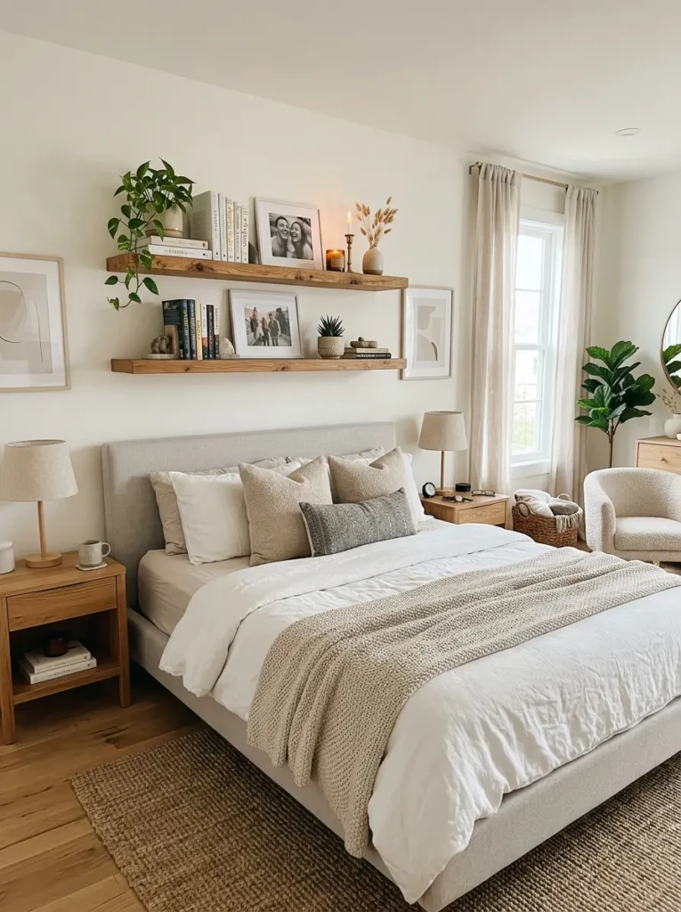 Stylish bedroom with floating shelves, candles, books, plants, and framed photos