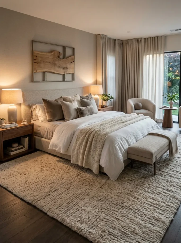 Elegant bedroom with oversized plush rug, layered textures, and warm cozy atmosphere