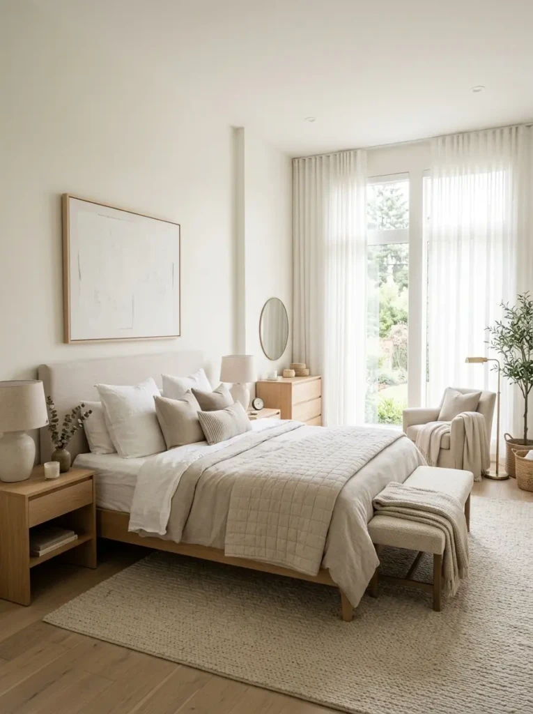 Airy bedroom with floor-to-ceiling sheer curtains and warm natural lighting