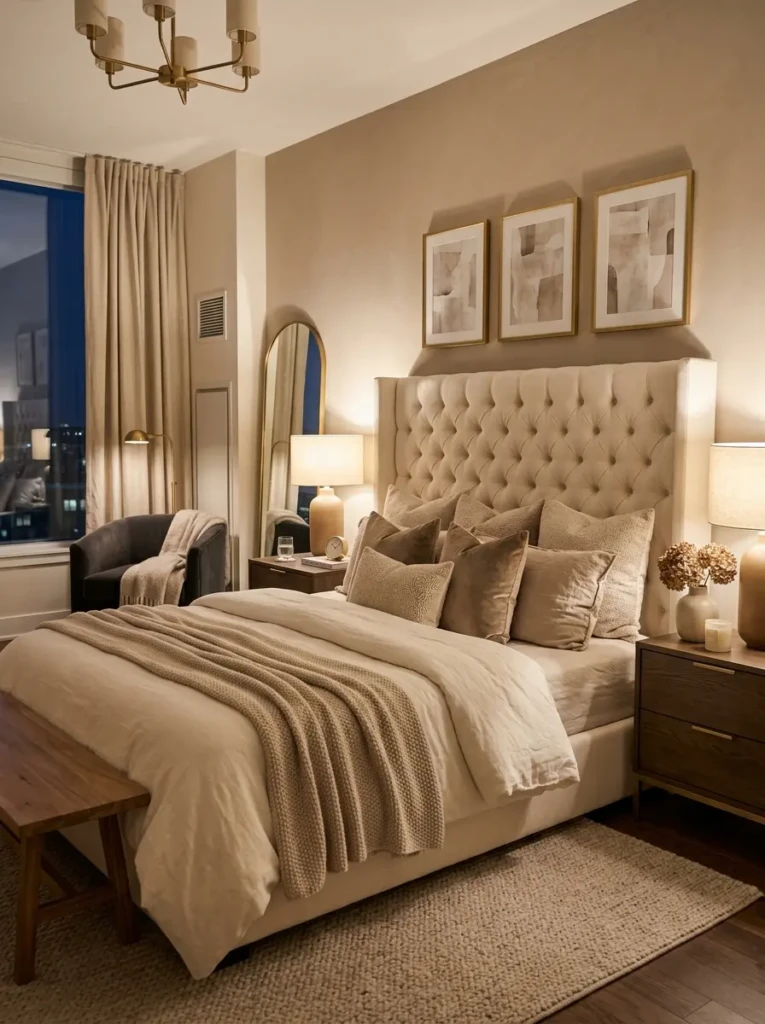 Stylish couple bedroom with large upholstered headboard and soft neutral bedding