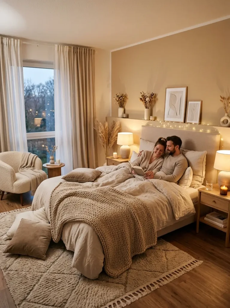Cozy couple bedroom with soft lighting, fluffy blankets, neutral tones, and warm romantic decor