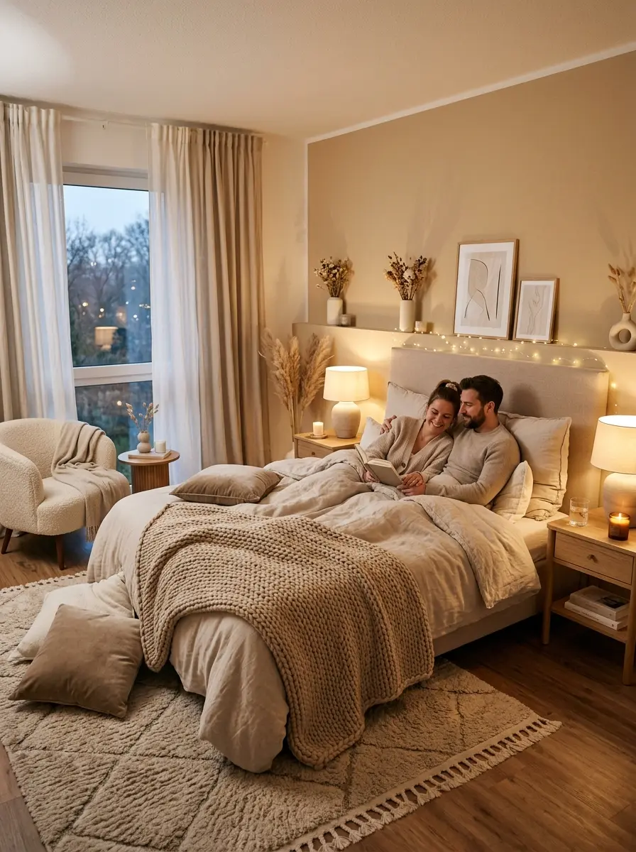 Cozy couple bedroom with soft lighting, fluffy blankets, neutral tones, and warm romantic decor