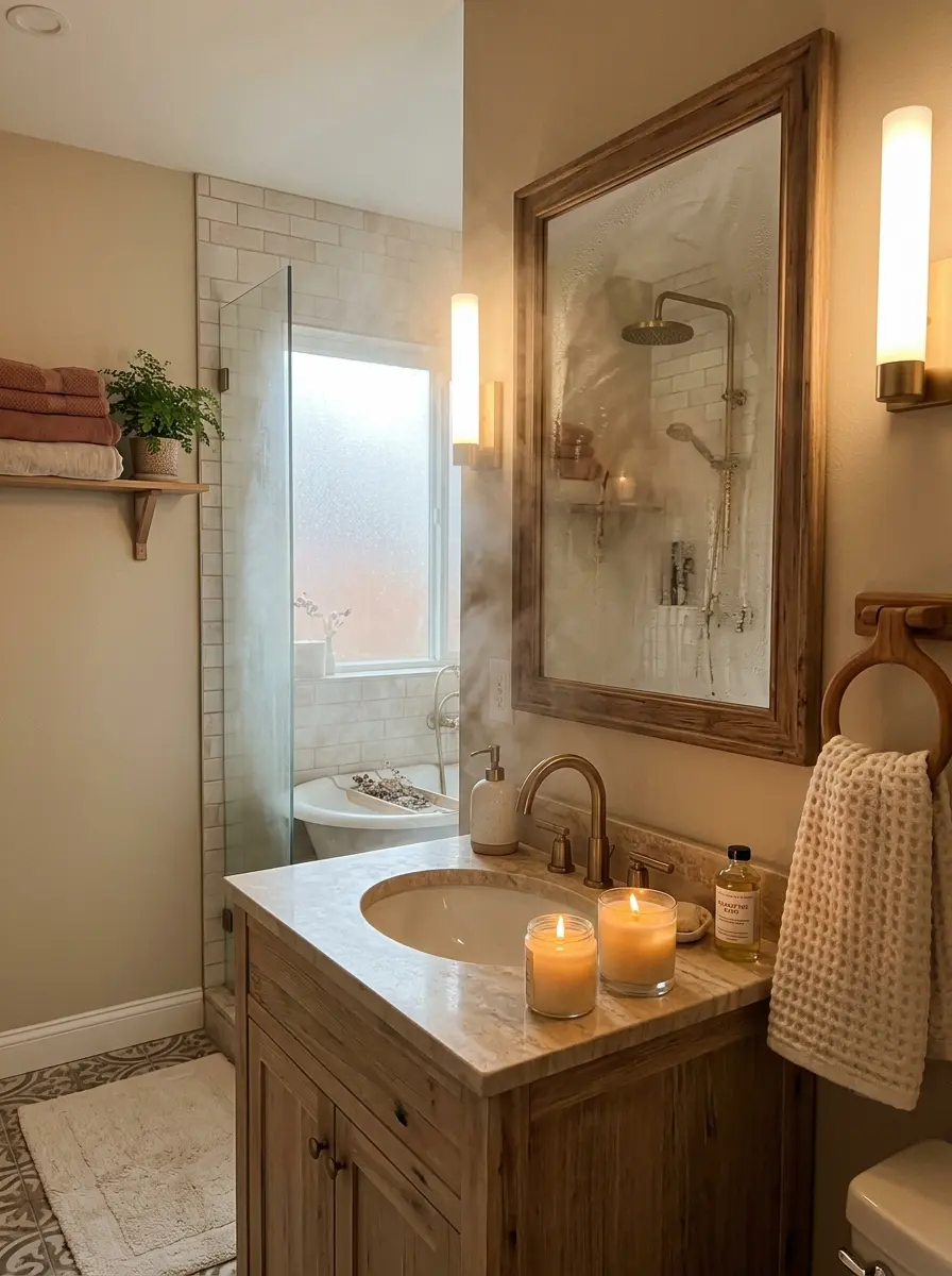 Cozy spa-like bathroom with a fogged mirror, soft towel, warm lighting, neutral decor, and a relaxing retreat atmosphere.