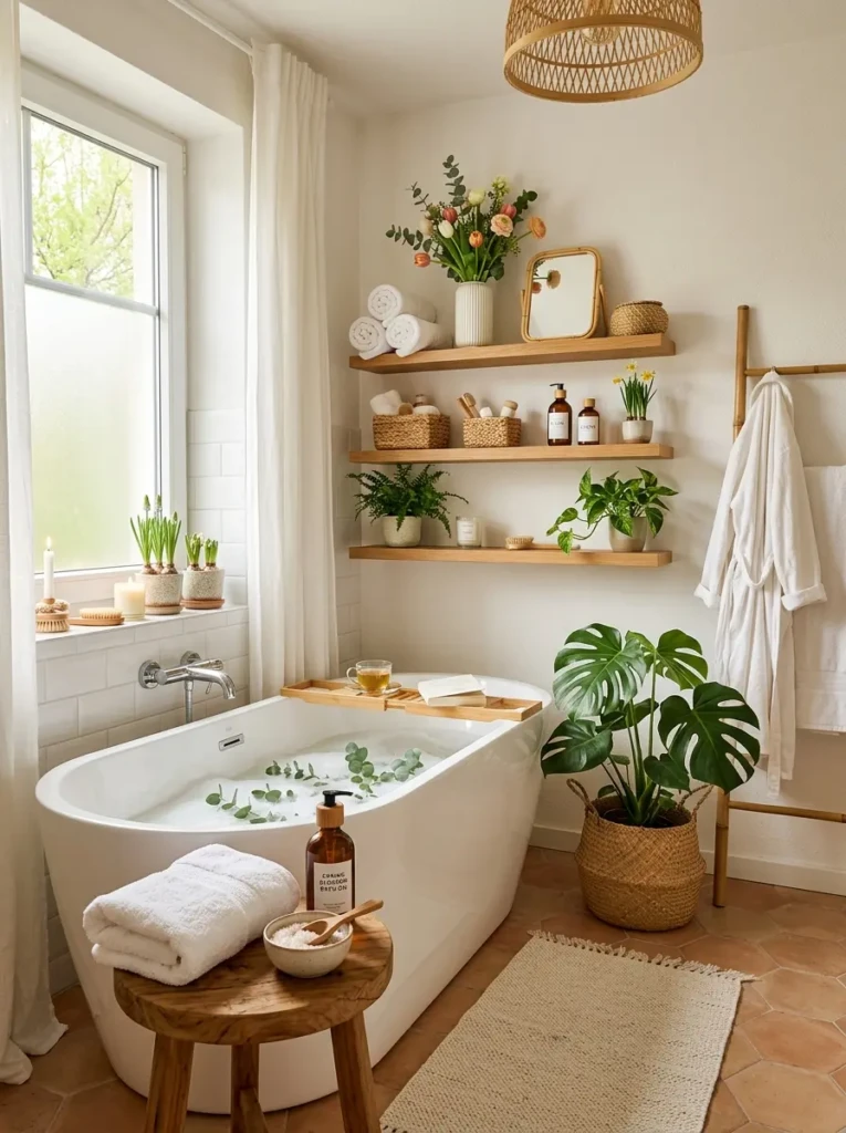 Cozy bathroom with teak stool, oak shelves, and natural wood spa-inspired styling.
