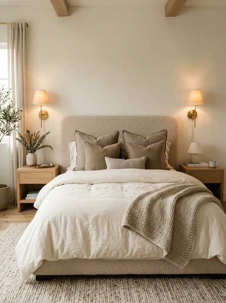 Cozy bed with beige boucle headboard, cream bedding, taupe pillows, knit throw, brass sconces, and wood accents.