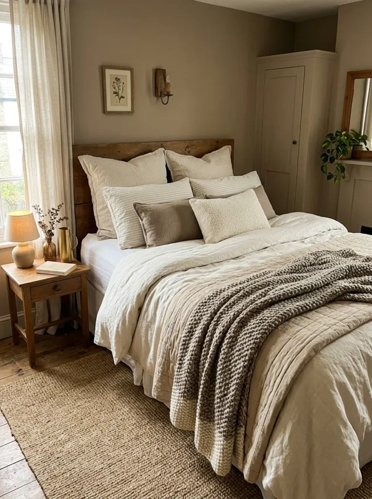 Cream bed with layered duvet, beige quilt, chunky knit throw, and mixed textured pillows.