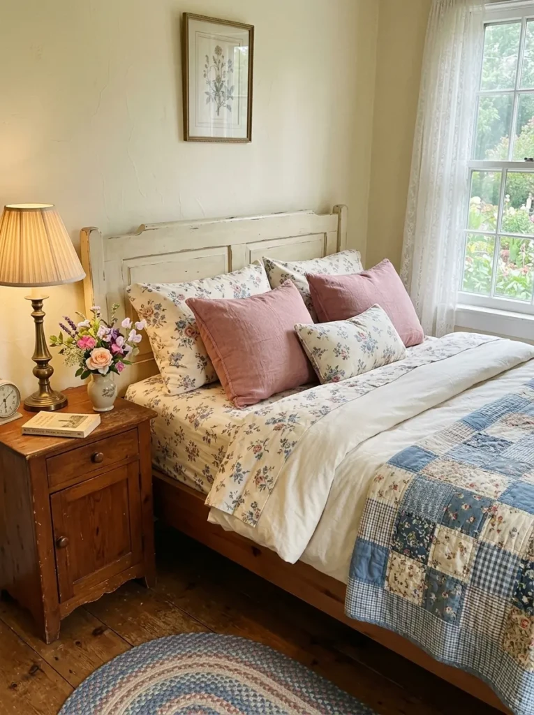 Cottage-style bed with floral sheets, faded rose pillows, patchwork quilt, antique lamp, wood nightstand, and small flowers.