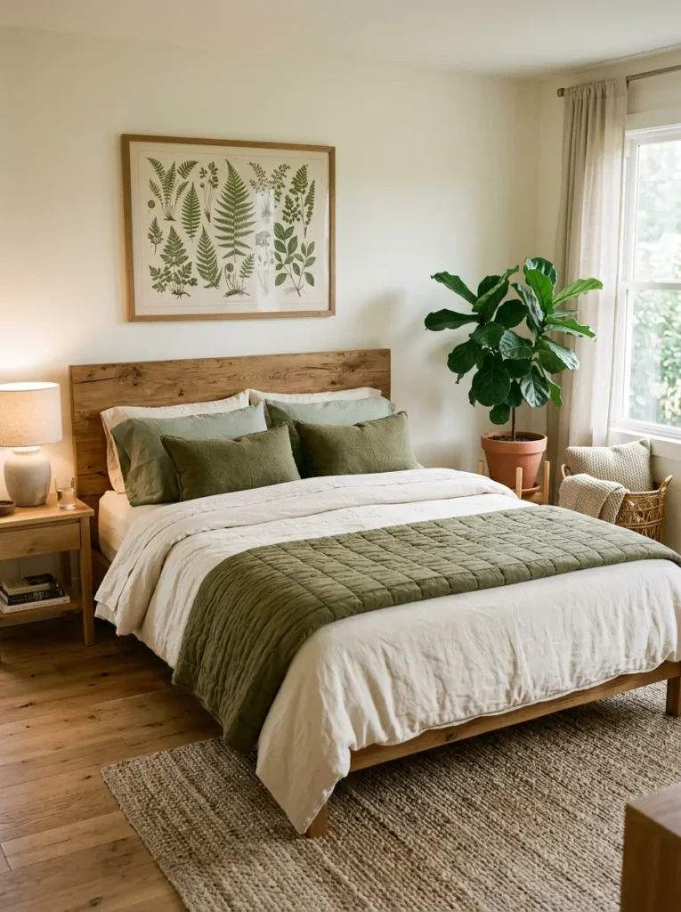 Cream bed with sage pillows, olive quilt, wood furniture, woven basket, leafy plant, and botanical wall print.