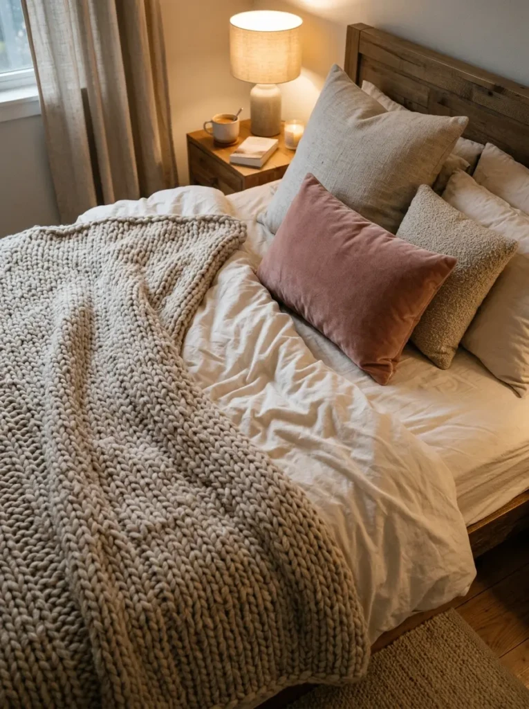 Cream bed with smooth cotton sheets, chunky knit blanket draped diagonally, textured pillows, and warm soft lighting.