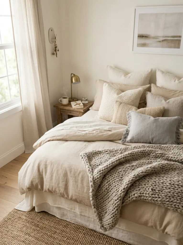 Bed styled with cream, beige, and grey layers including knit throw and soft pillows