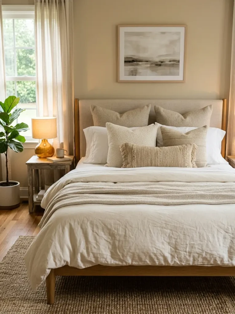 Cozy bed with neatly layered sleeping pillows, square pillows, accent pillows, lumbar pillow, and soft neutral bedding.