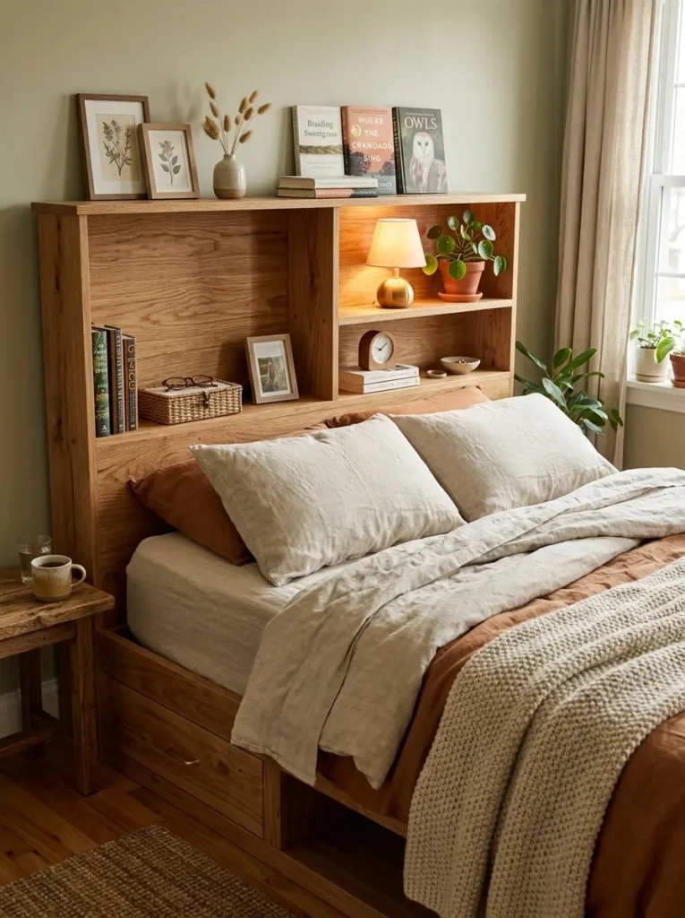 Wooden storage headboard with cubbies, books, plant, lamp, and cozy linen bedding.