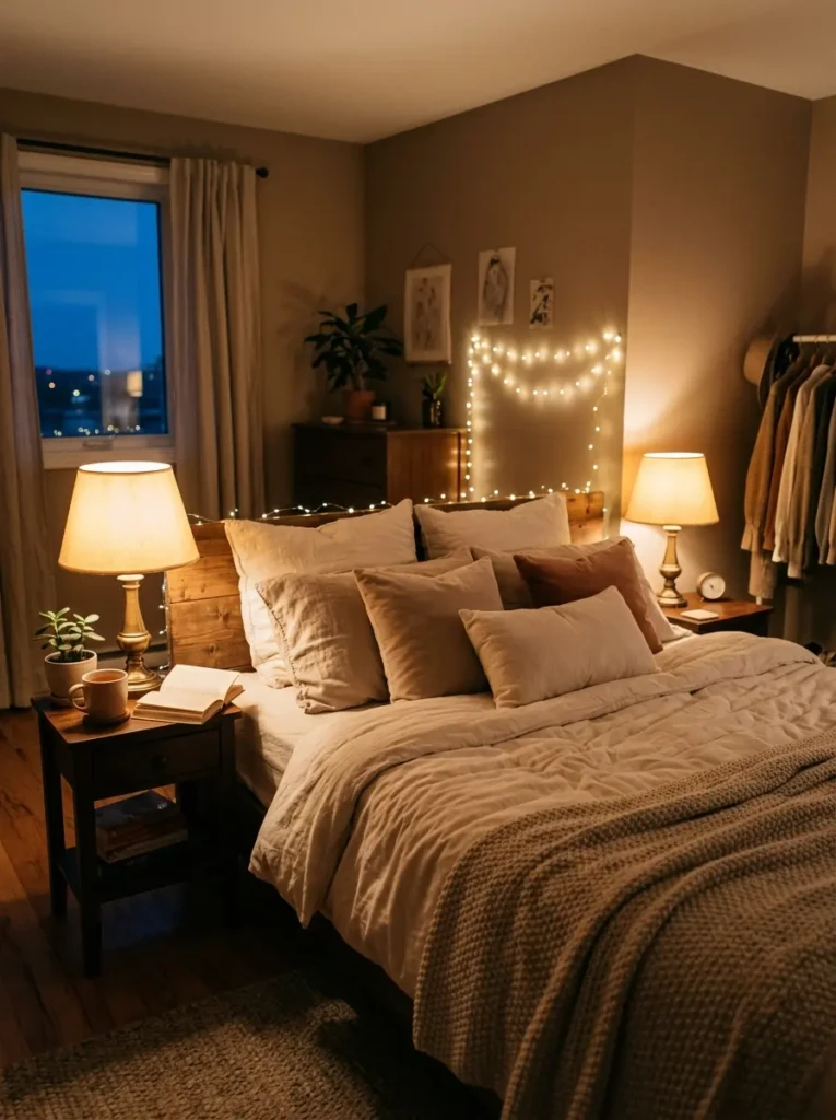 Cozy bedroom at dusk with warm bedside lamps, fairy lights, cream duvet, layered pillows, and soft amber glow.