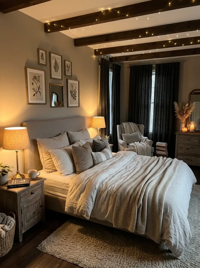 Elegant cozy bedroom glowing with lamps and soft neutral decor