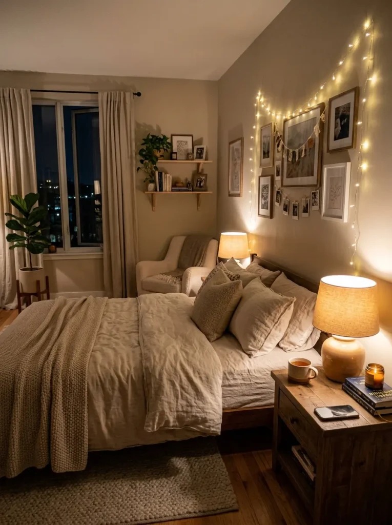 Warm cozy bedroom with layered fairy lights, glowing lamps, and soft neutral decor