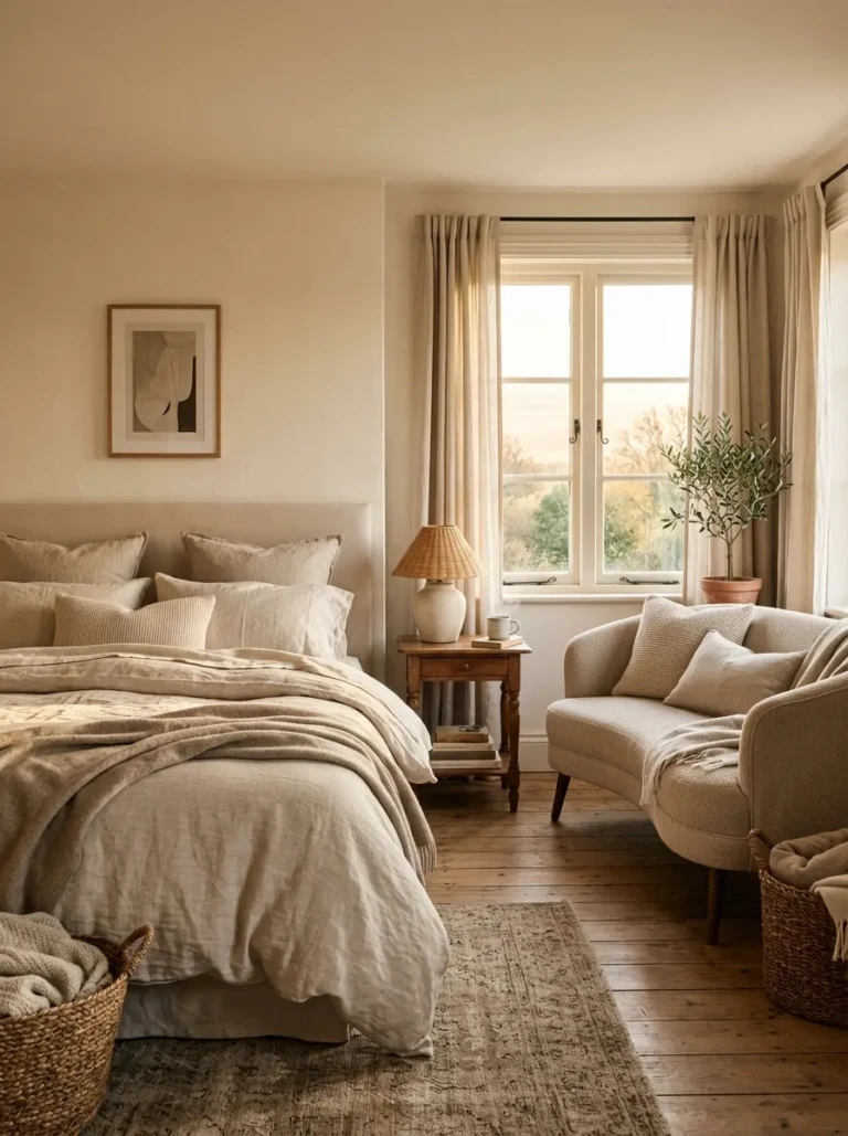 Cozy bedroom with soft linen bedding and a small sofa in the corner under warm sunrise light.