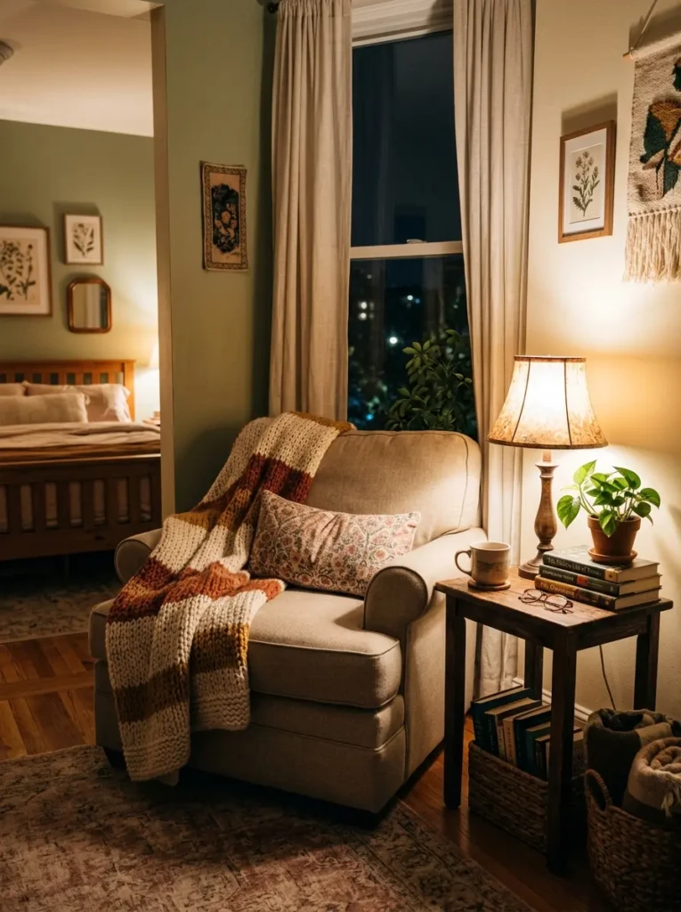 A relaxing bedroom corner with a comfortable chair, soft lighting, and a warm throw creating a peaceful retreat
