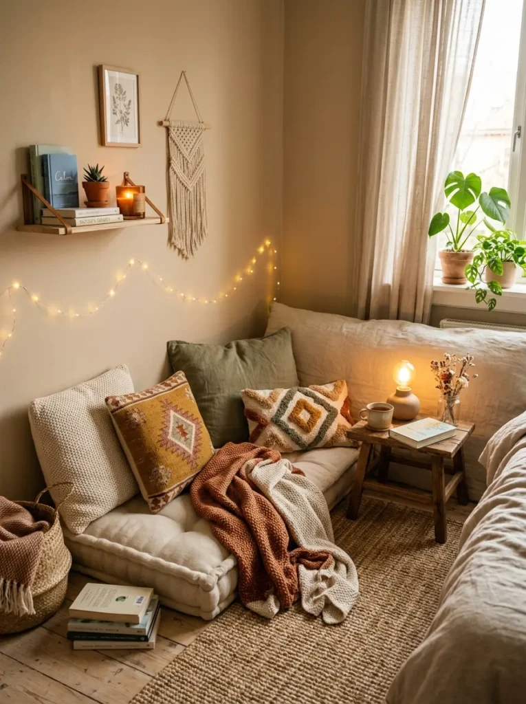 Bedroom corner with floor cushions, candles, and layered soft textures