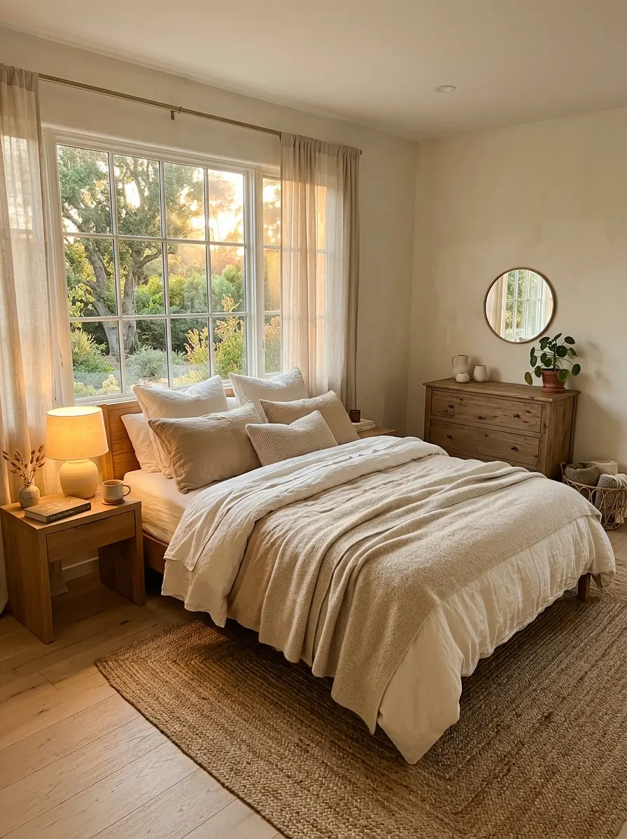 Cozy neutral bedroom with soft linen bedding, warm lamp light, and clutter-free storage styling.
