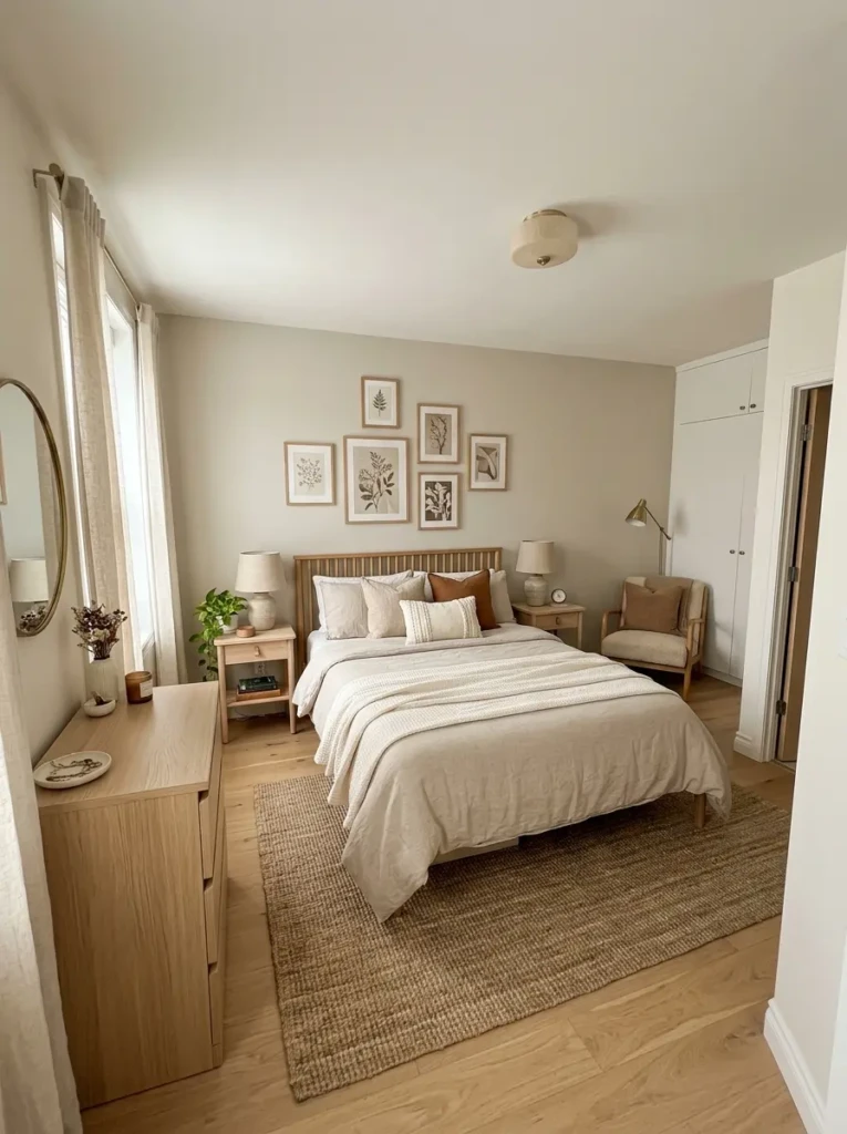 Functional cozy room arrangement with open space and inviting decor
