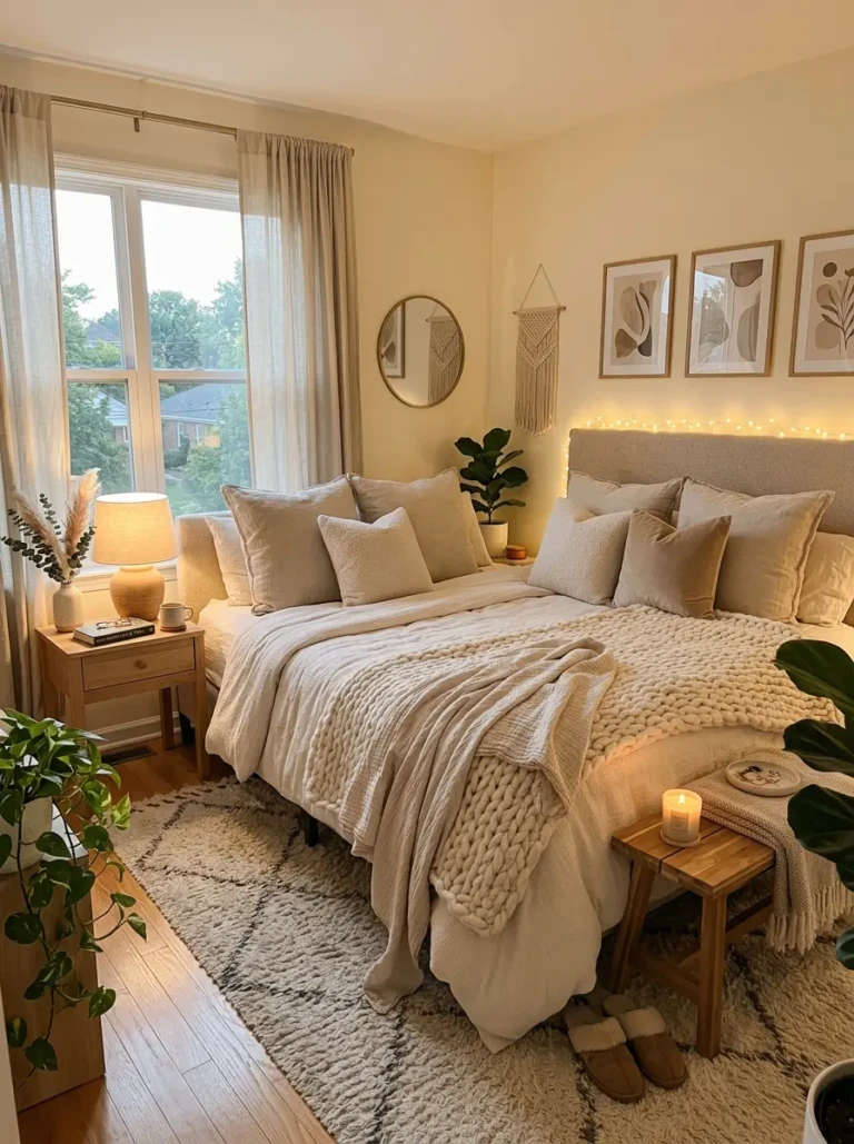 Cozy bedroom with warm lighting, soft bedding, and inviting budget-friendly room makeover decor