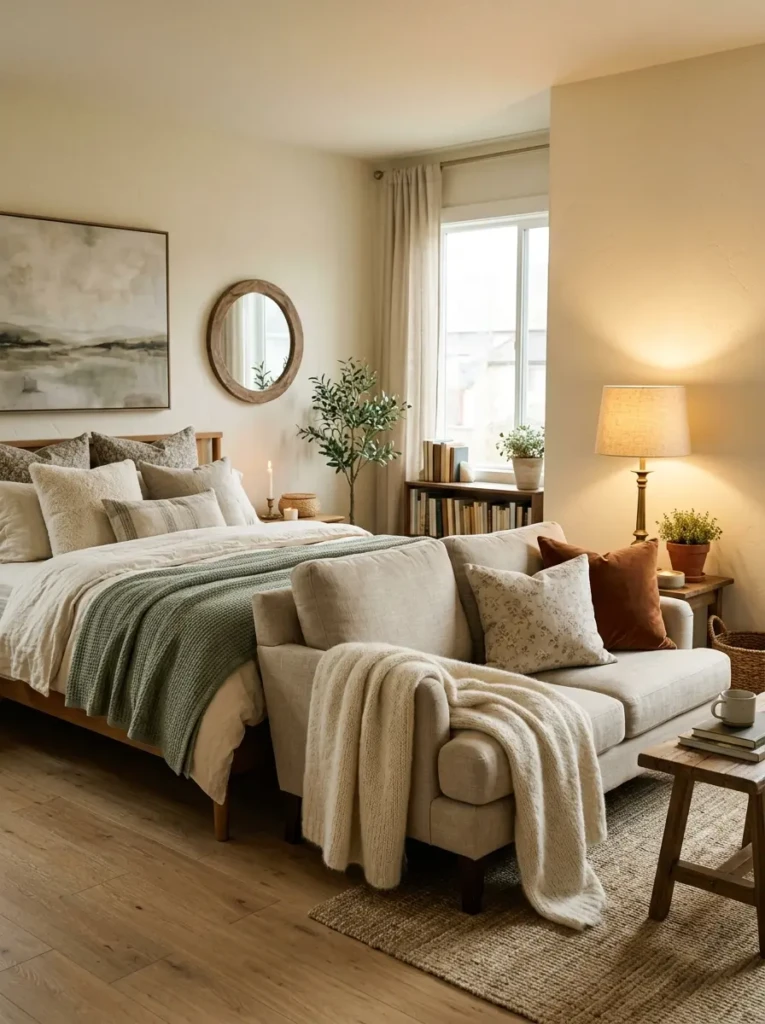 Cozy bedroom retreat with a beautiful sofa, soft throw, warm lamp glow, layered bedding, and peaceful atmosphere.