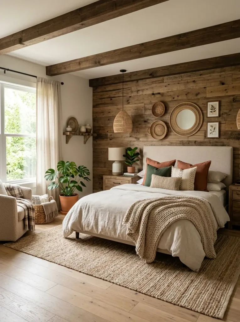 Stylish bedroom with rustic wood accents and inviting warm decor