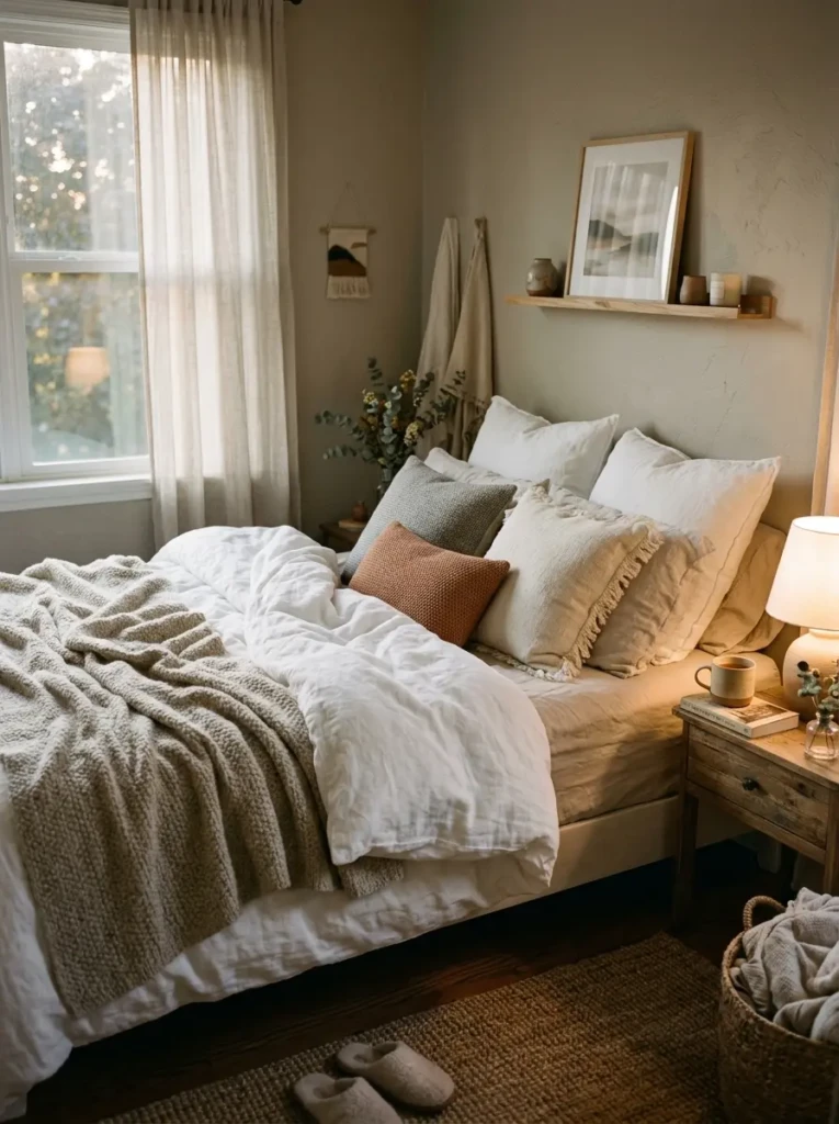 Peaceful cozy bedroom with layered bed, warm lighting, textured throw, neutral palette, inviting pillows, and thoughtful decor.