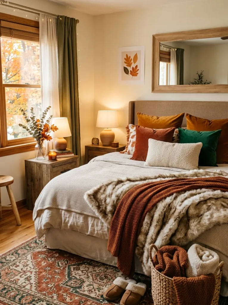 Stylish seasonal bedroom styling with velvet pillows, faux fur throws, warm tones, and layered cozy textures